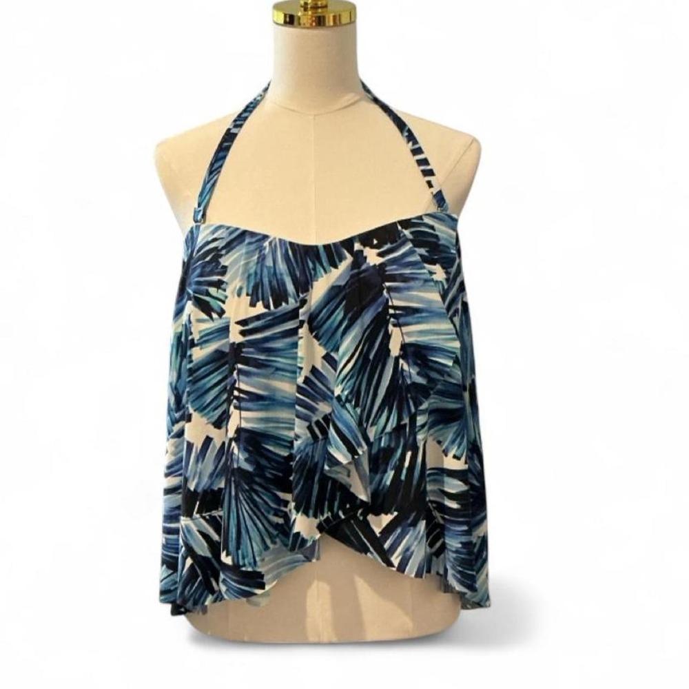 Mynah Tankini Top 20W Blue Tropical Palm Leaf Excellent Halter Ruffle